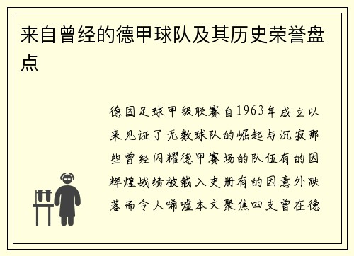 来自曾经的德甲球队及其历史荣誉盘点